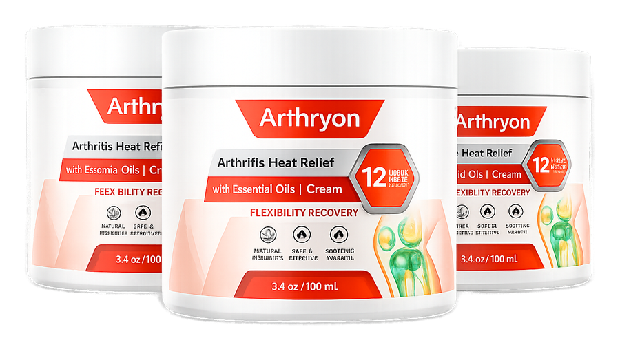 Three bottles of Arthryon Heat Relief Cream arranged with fresh fruits, showcasing the product packaging